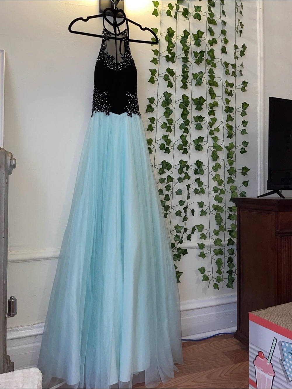 Blondie Nites juniors gown black jewel sparkle halter mint tulle dress Bridal